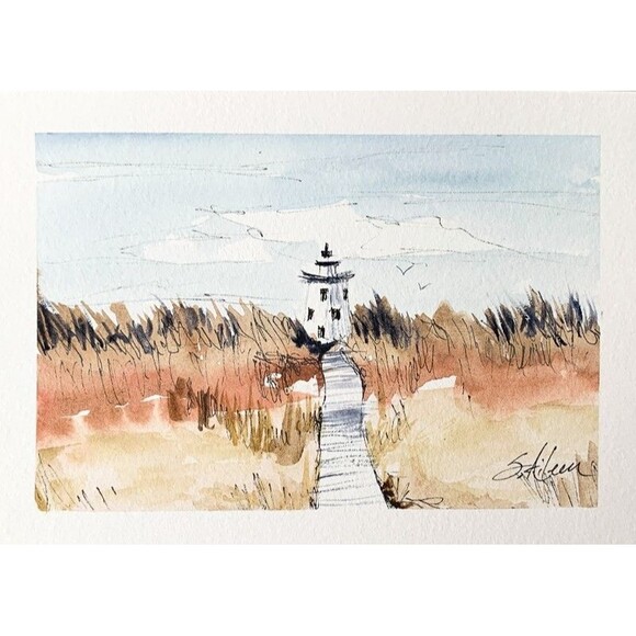 Original Watercolor + Ink New England Lighthouse Seascape HIGH NOON Signed 5x7 - Picture 1 of 4